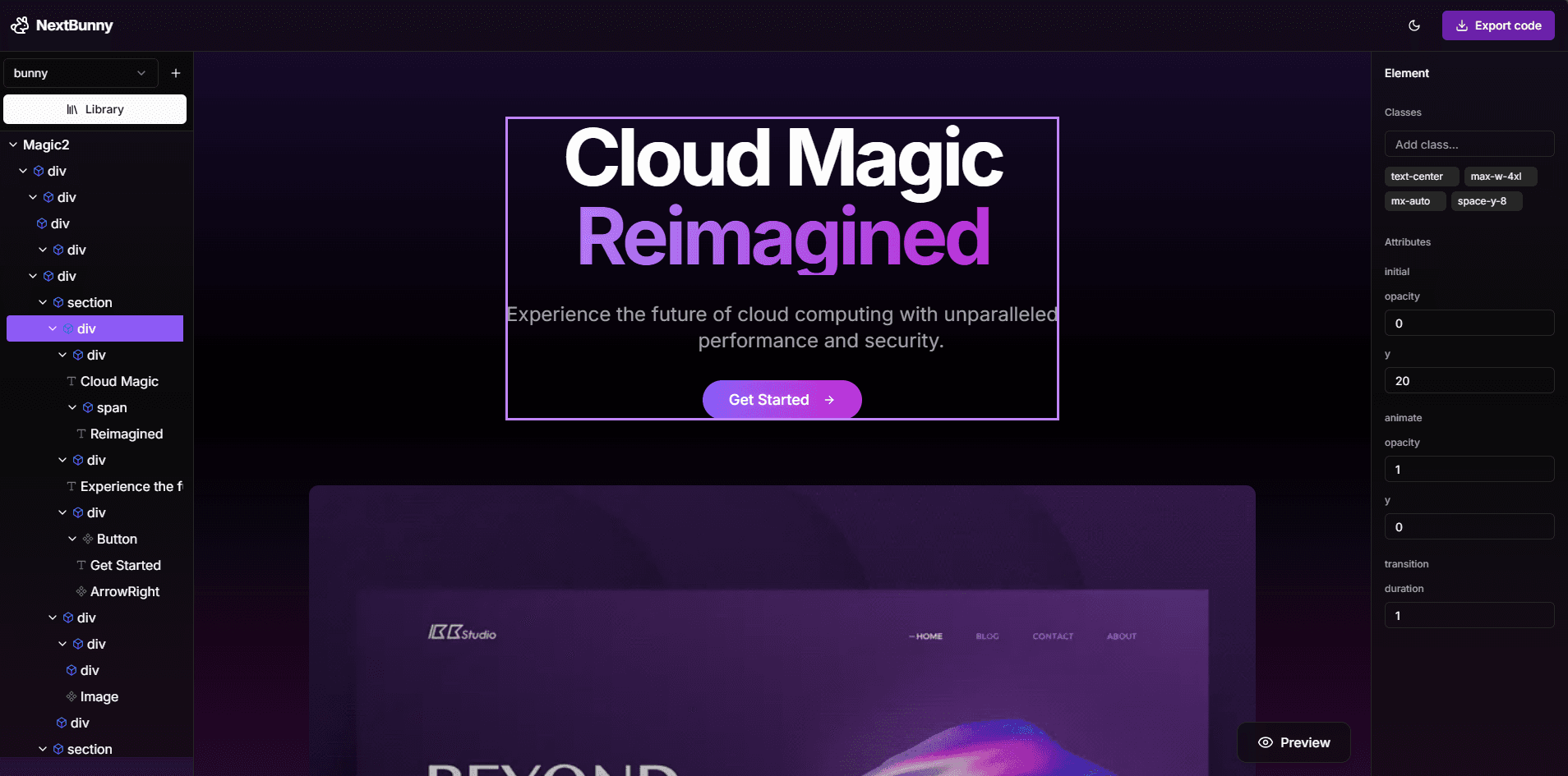 NextBunny - Free Next.js Visual Page Builder Interface showing drag and drop functionality